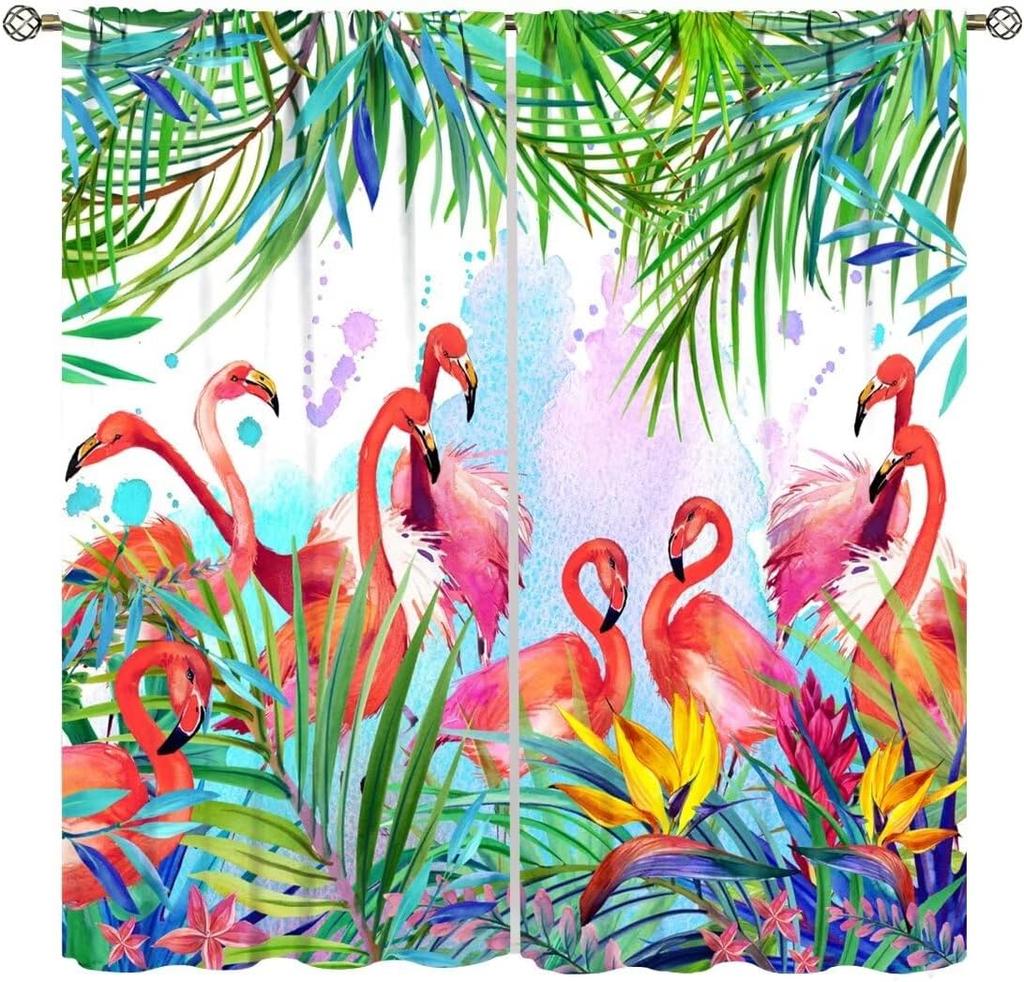Flamingo Curtains,Tropical Plants Flower Print Window Treatments for Bedroom Living Room Jungle Animal Birds Drapes 2 Panel Set
