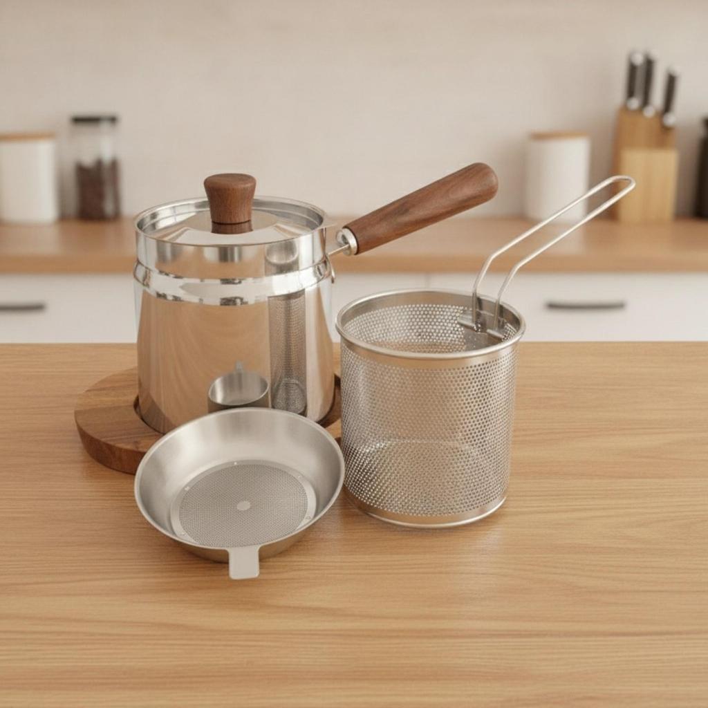 Stainless Steel Frying Pot Uncoated with Wooden-Look Handle Stovetop