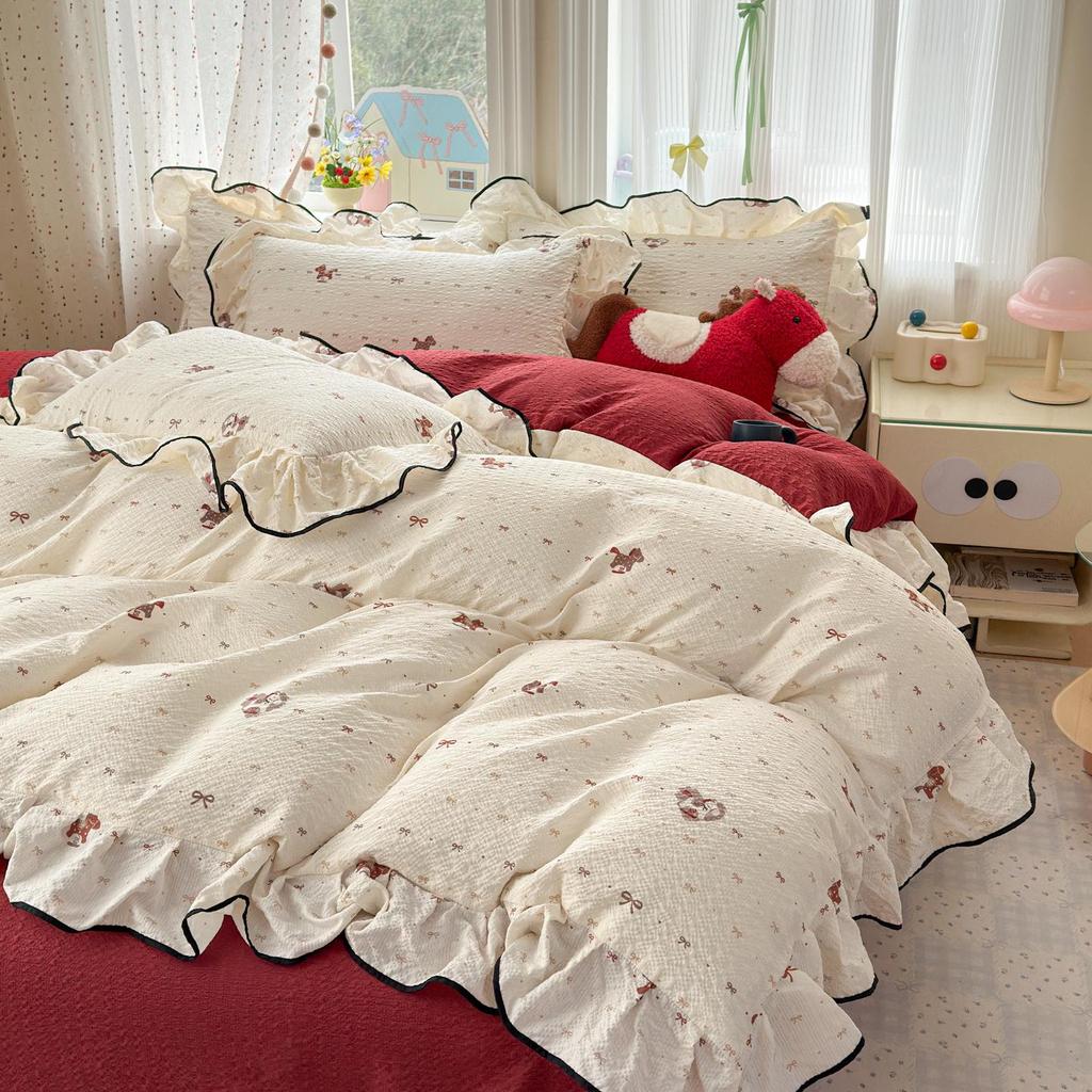 Bubble Cotton Fresh Floral Lace Bedding Set - 4-Piece Soft Duvet Cover & Sheet