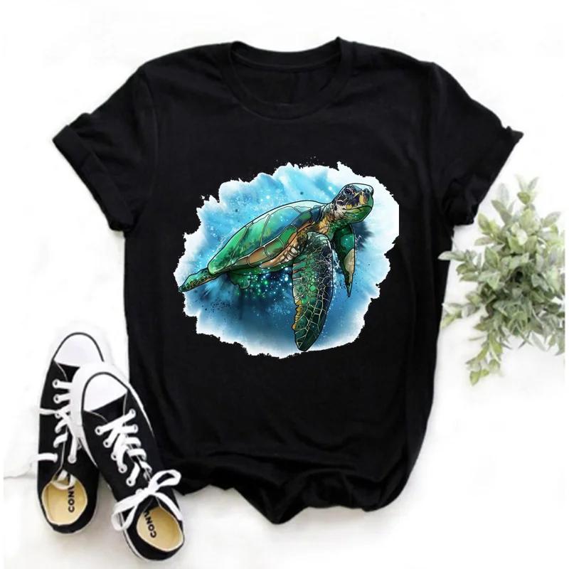 Women's Turtle Print T-shirt, Short Sleeve Harajuku Cartoon T-shirt, Summer 2026 Round Neck Street Style T-shirt, Y2K Clothing