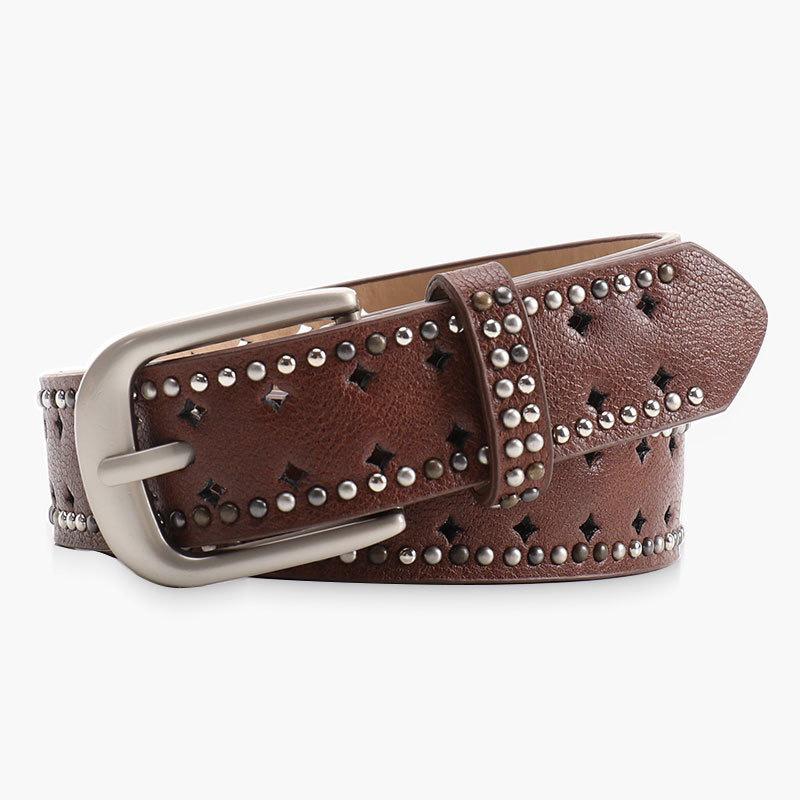 Women's Y2K Perforated Leather Belt with Double Row Rivets – Punk Niche Design for Versatile Jeans