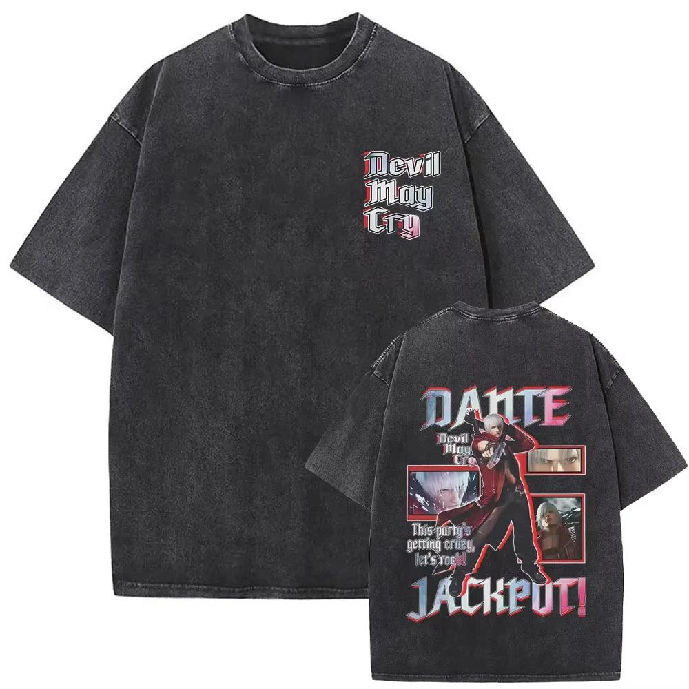 Game Devil May Cry Dante Vintage Acid Washed T-shirt Men Gothic Retro Fashion Short Sleeve T Shirts Male Hip Hop Streetwear
