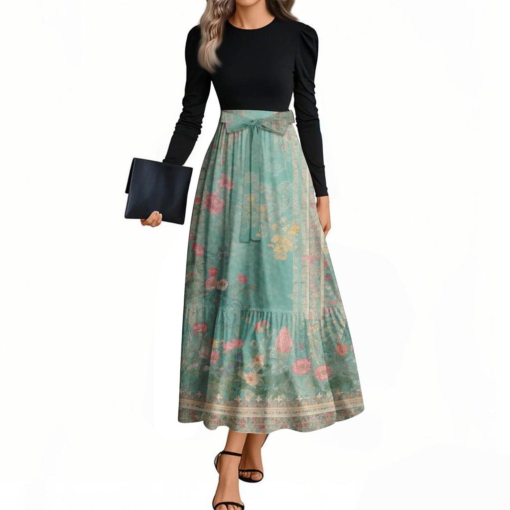 Women's Fashion Casual Belted Long Sleeve Round Neck Floral Printed Elegant Temperament Dresses
