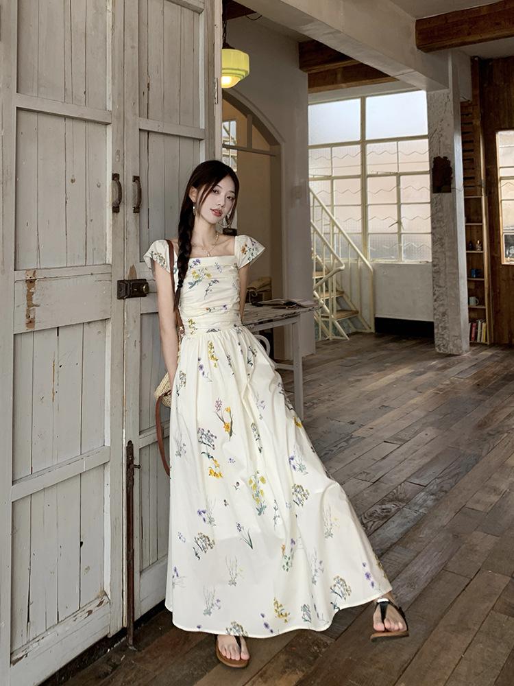 Women's Elegant Floral Puff Sleeve Square Neck Dress - New Summer 2026 French Vacation Style