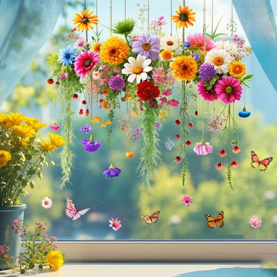 Window Sticker Double Sided Design Glass Decals Waterproof PVC Chrysanthemum Pattern Sticker Home Wall Decor