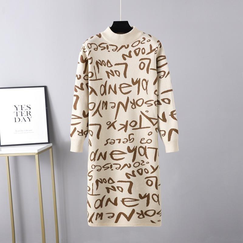 Autumn Winter Women High Neck Vintage Knitted Pullover Long Sleeve Letter Graffiti Sweater Dress