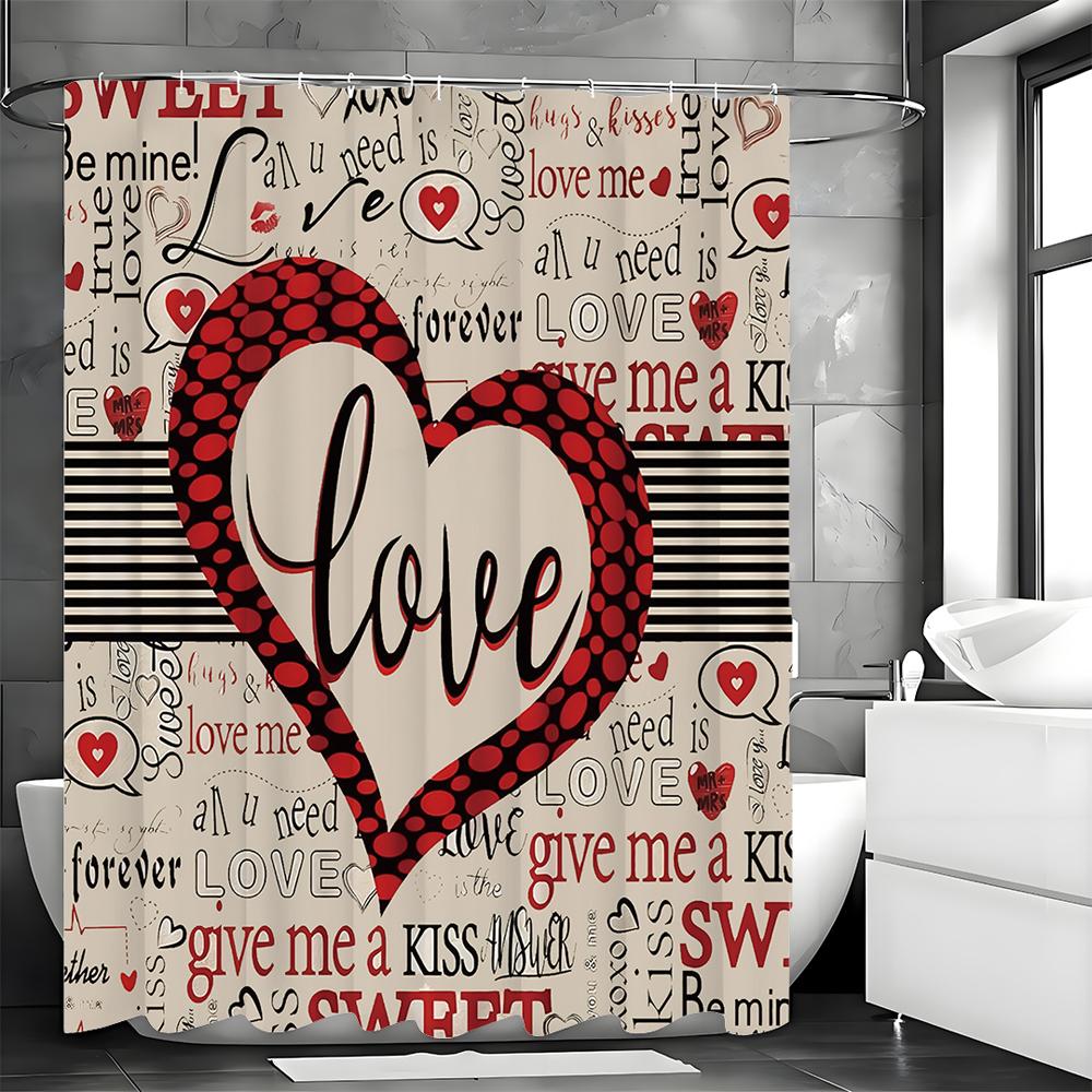 Valentine's Day Love Text Shower Curtain, Bathroom Decorative Shower Curtain, Waterproof Shower Curtain with Hooks