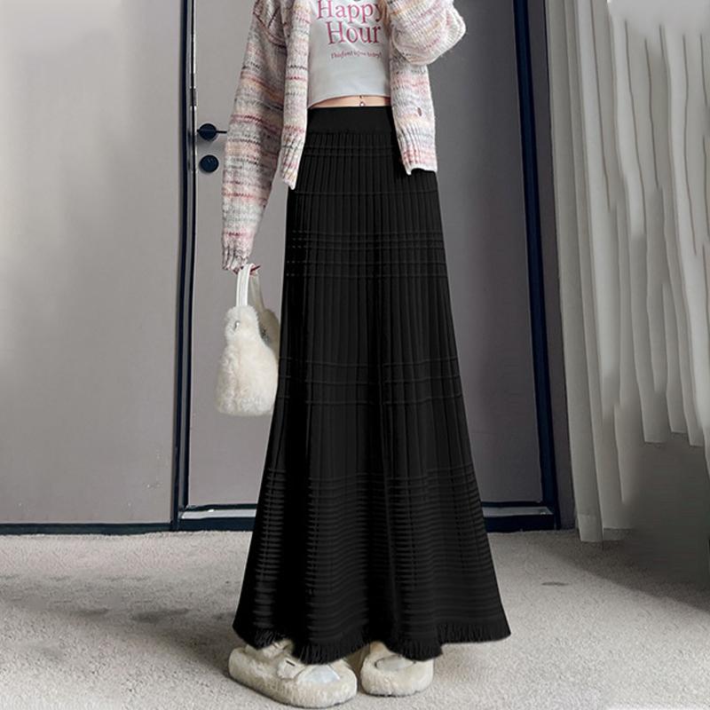 Korean Fashion Autumn Winter Women Midi Warm Skirt High Waist Beige Black Khaki Knitting Skirt Tassel Mermaid Knitted Thick Skirts