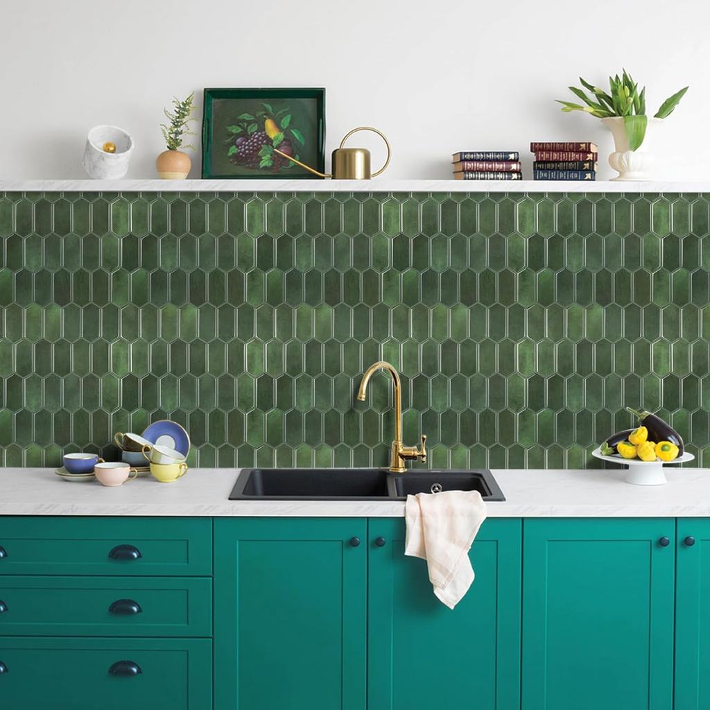 Long Hexagon Peel and Stick Tiles Backsplash,10-Sheet 3D Self Adhesive Wall Tile BackSplash 12 x 12 Inch for Kitchen,Bathroom(Green).