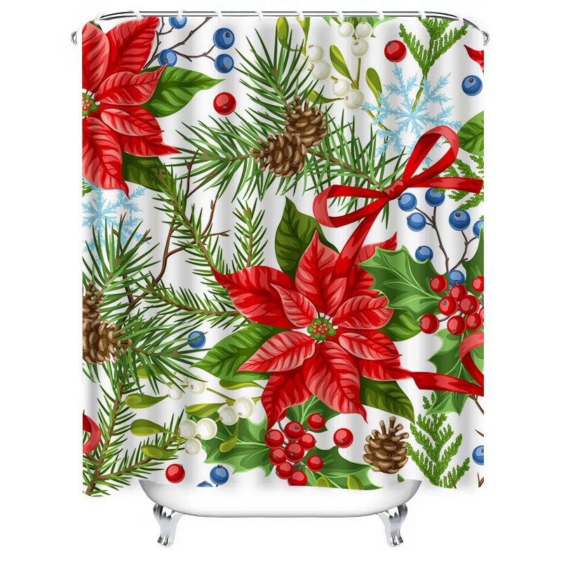 TU Christmas Shower Curtain Festive Holiday Decor Reversible Botanical Print Waterproof Bathroom Fabric Backdrop Xmas Party Supp