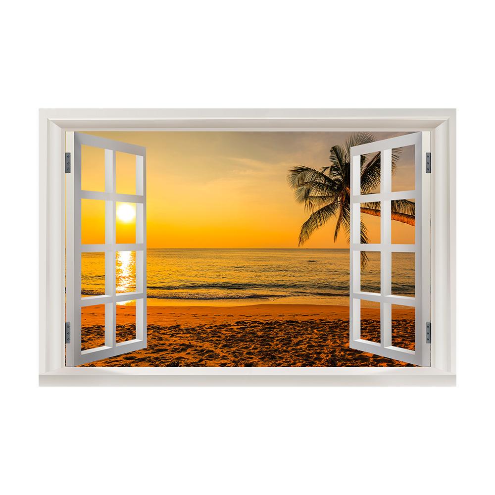 3D Window View Wall Art Beach Summer Beach Coconut Tree Wall Murals Print Art Canvas Poster For Living Room Pictur