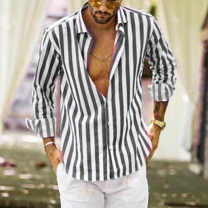 

New foreign trade long-sleeved lapel striped shirt loose shirt men 5XL світло-синій колір