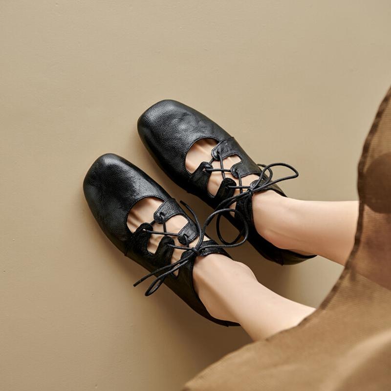 Fashion NEW Spring/Autumn Women Pumps Square Toe Chunky Heel Shoes Genuine Leather Shoes for Women Cross-tied Mary Janes Lace-up Shoes