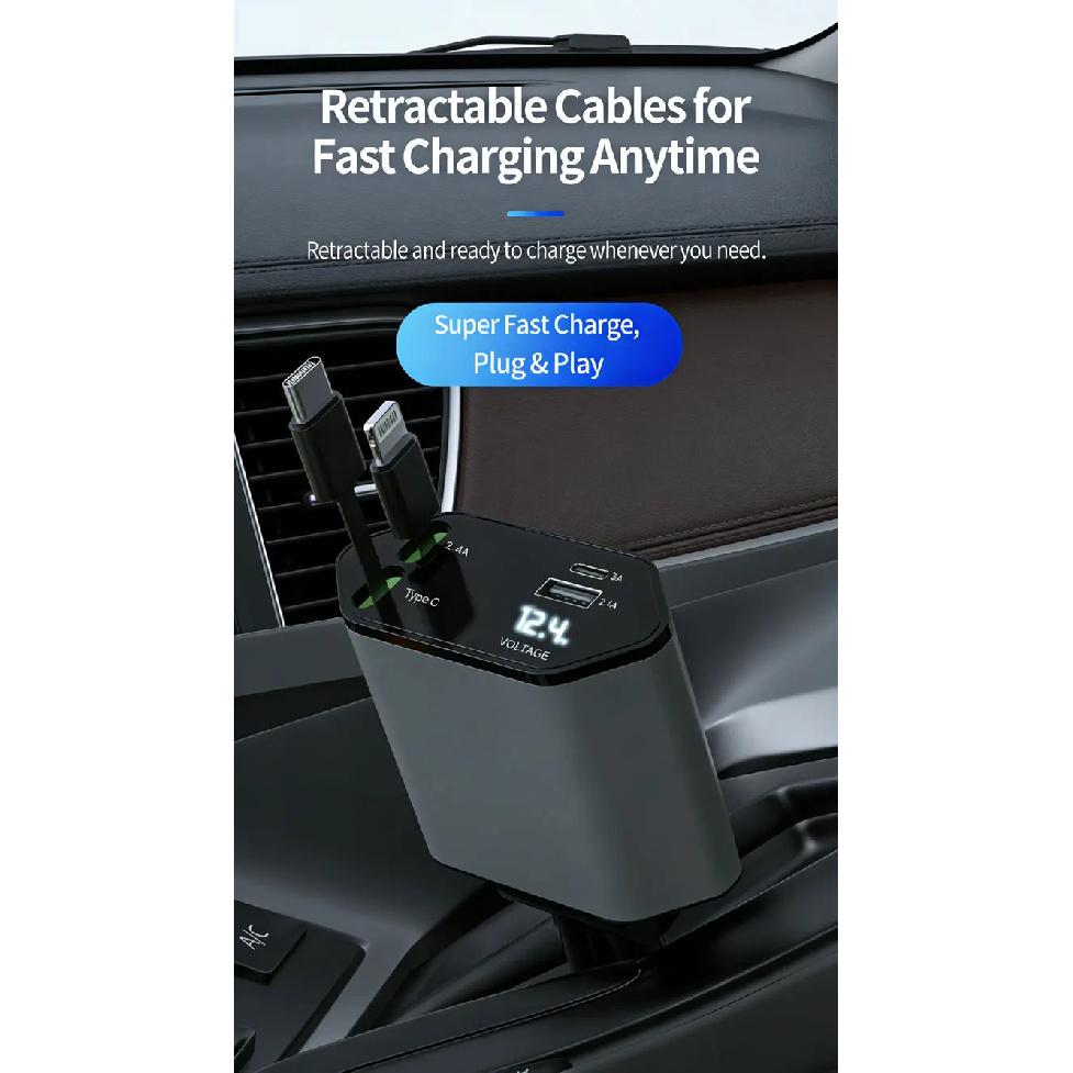 Car Charger USB Type C Adaptor 120W Fast Charge Retractable Charging Cable with Cords QC Adapter Car Charger For Iphone Android