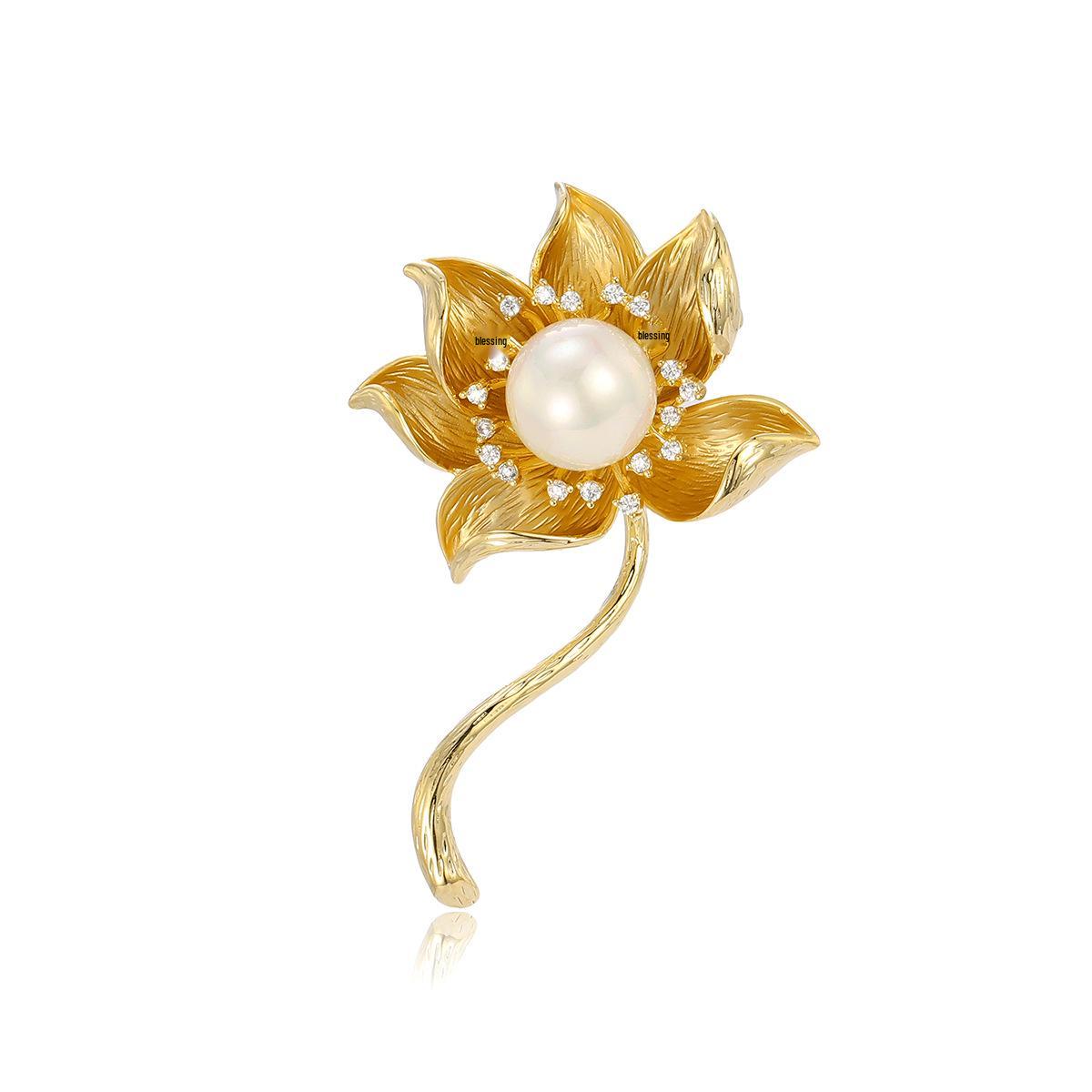 High-End Lotus Brooch with Freshwater Pearls & Creative Enamel Zircon Design