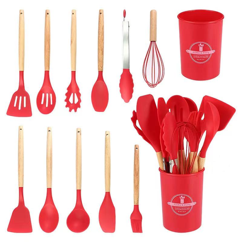 12-Piece Silicone Cookware Set with Wooden Handles - Non-stick, High-Temperature Resistant, Includes Spatula and Soup Ladle.