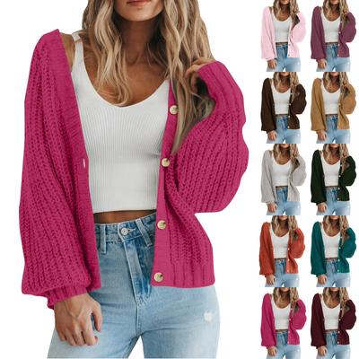 Women's Solid Knitted Long Sleeve V Neck Button Down Loose Cardigan
