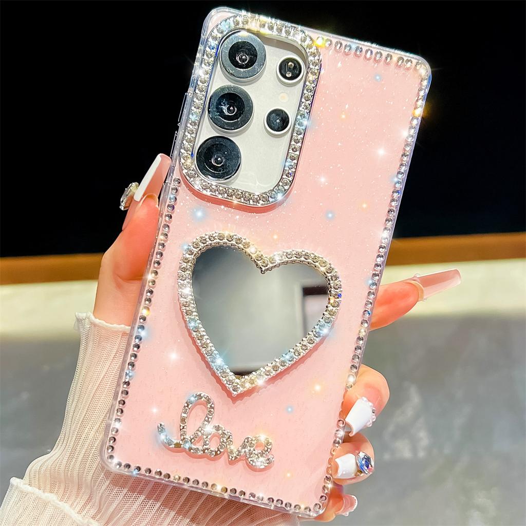 Handmade Sparkly Diamond Heart Mirror IMD Phone Case, Compatible with Samsung S23 Ultra/S24/S25 & A07/A15/A16/A17/A26/A35/A36/A55/A56