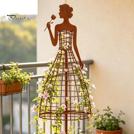 Outdoor Plant Climbing Trellis Vintage Metal Lady Trellis, Iron Girl Shaped Garden Support Stake, Decorative Yard Ornament Flower Vine Art for