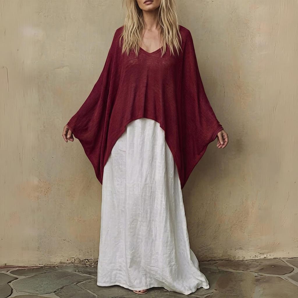 Women's Color V-Neck Long Sleeve Cape Top and Loose Fit Dress Two-Piece Set