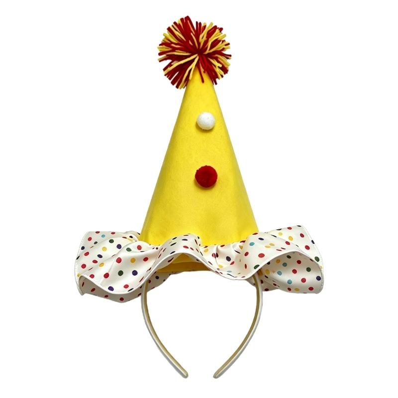 Upright Mini Party Clown Hat Accessory with Preassembled Headband for Quick Party and Costume Outfit Finishing and Styling