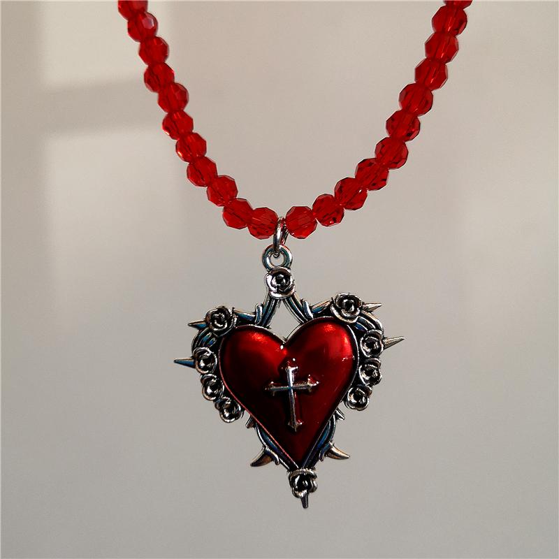 Y2K Gothic Jewelry Heart Rose Cross Pendant Black Beaded Chain Rivet Necklace For Women Men Punk Vintage Grunge Neck Accessories