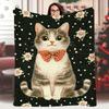 Adorable Tabby Cat and Flowers Pattern Fleece Blanket Black Background Style Soft Warm Throw Interior Decoration Bedding Cover
