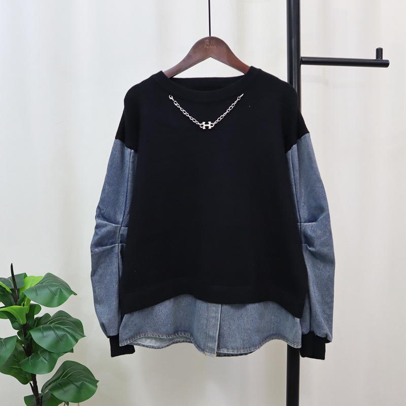 

Осень и зима новый джинсовый вязаный свитер топ женский дизайнерский свободный повседневный фейковый двухслойный свитер пуловер one size fits all чёрный