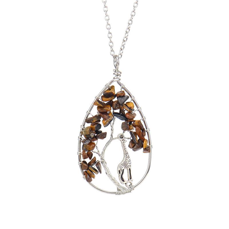 Handmade Copper Wire Wound Natural Gravel Crystal Giraffe Life Tree Fortune Tree Necklace N53