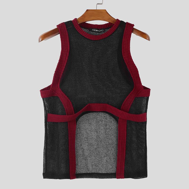 INCERUN Summer Men Sleeveless Stitching Irregular Cutout Hollow Out Tanks Tops