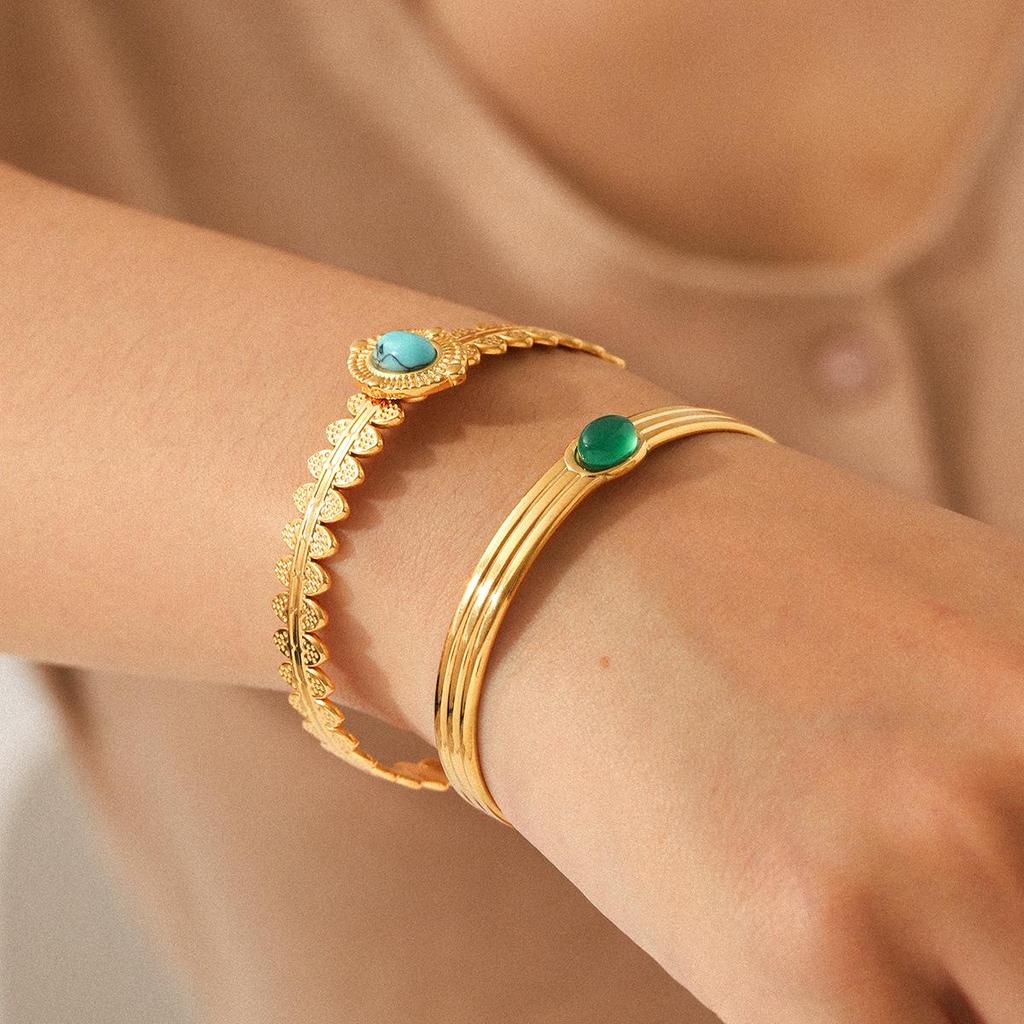 French Retro Malachite Stainless Steel Open Bangle - Non-fading Titanium Steel Women's Bracelet