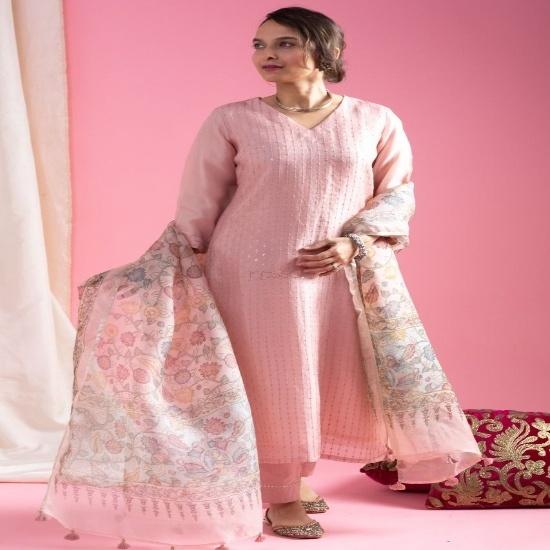 Blush Pink Silk Kurti Set with Kalamkari Floral Printed Organza Dupatta