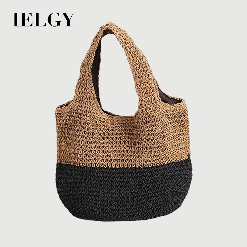 IELGY Color Matching Casual Portable Straw Bag Contrast Color Woven Seaside Vacation Beach Bag