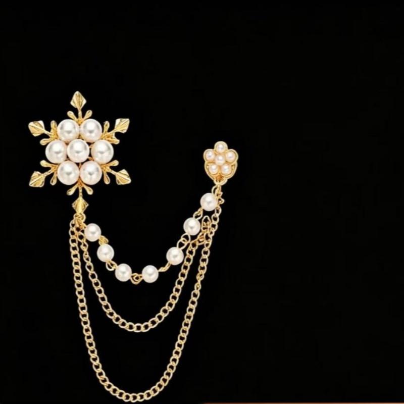 Elegant Women Pearl Snowflake Chain Tassels Brooch Gifts Chain Pin Jewelry Accessories Exquisite Clothes Brooches