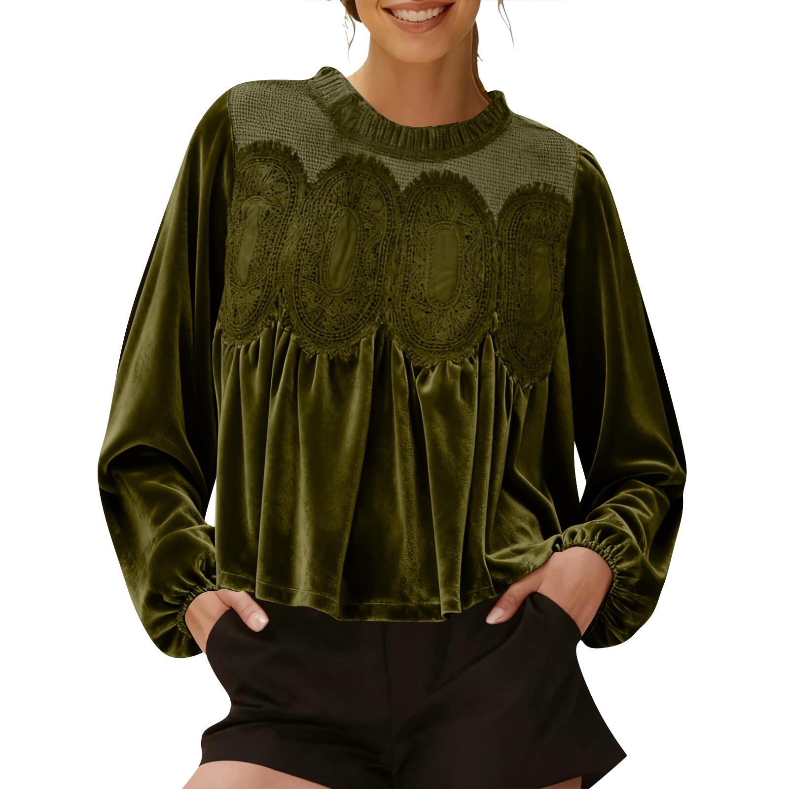 

Loose-fitting, Slimming Mid-length Long-sleeved Solid Color Top With Mesh And Velvet Splicing L