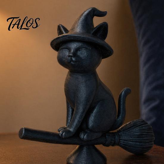 Talos Witch Cat Figurine, Black Riding Broom Statue, 3D Printed Ornament, Collectible Desktop Decoration for Home Office Decor