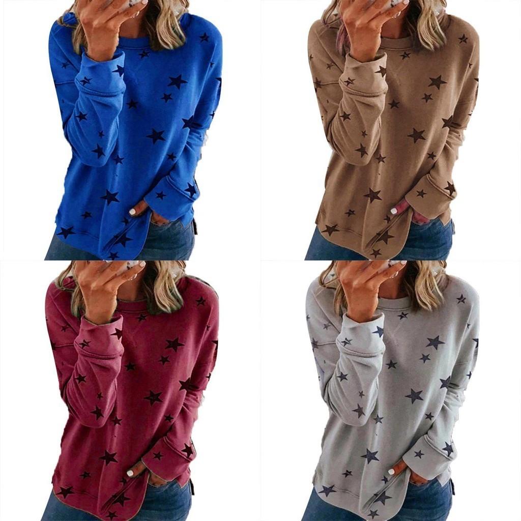 Women Casual Tunic Crew Neck Long Sleeve Star Print Tee Top Blouse For Daily Comfort And Style