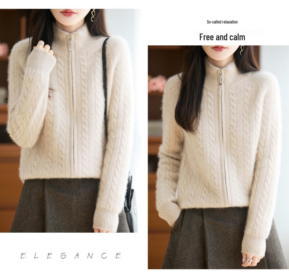 Niche Design Double Zipper Wool Cable Knit Cardigan - Vintage Style, Thick & Cozy for Fall/Winter