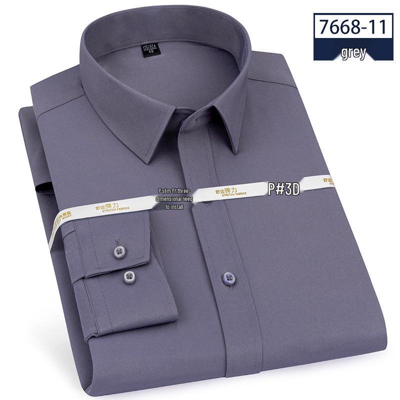 High Elasticity Non-Iron Slim Fit Men's Long Sleeve White Collar Business Casual Shirt with Pocket for Spring and Autumn.