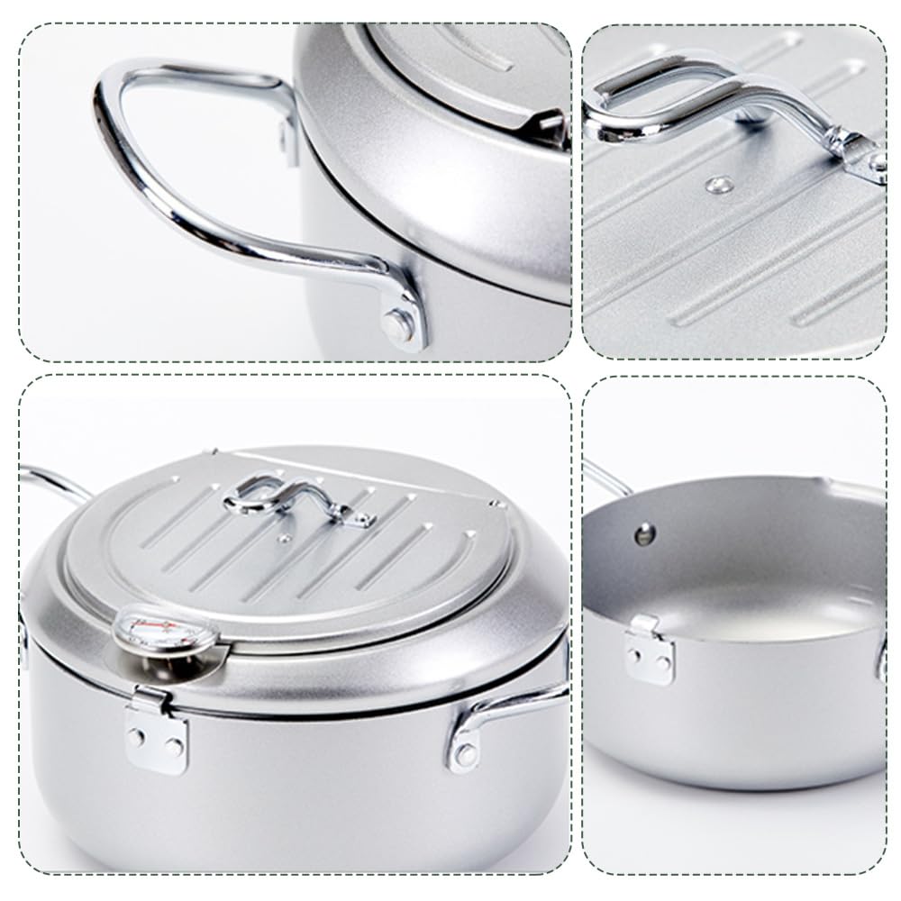 Tempura Fryer with Thermometer, Lid, Draining Rack, Spout, and Oil-saving Function (20, Silver)