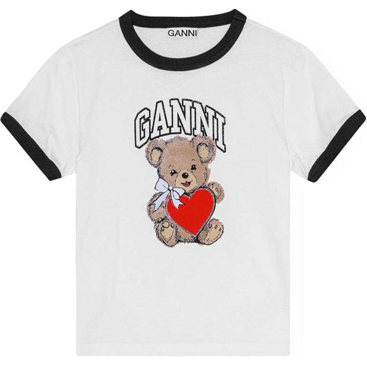 Ganni Fw24 Bear Pattern Round Neck Pullover Short Sleeve T-Shirt Women T-Shirt Bright-White T4061-151