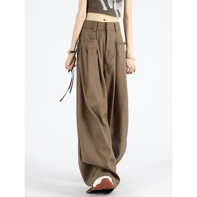 Hong Kong Style Retro Brown Wide Leg Suit Pants for Women 2024 Spring and Autumn New Style Loose Strap Hanging Floor Pants for Summer