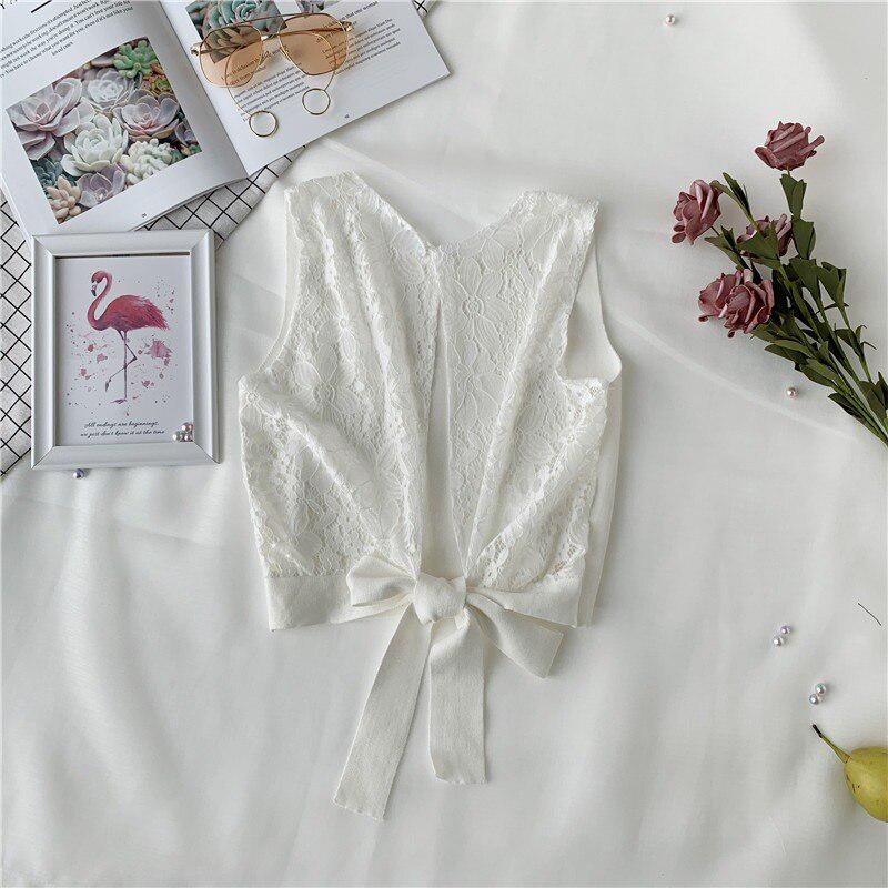 

Женская однотонная повседневная футболка без рукавов с круглым вырезом на шнуровке и открытой спиной с кружевной строчкой One Size