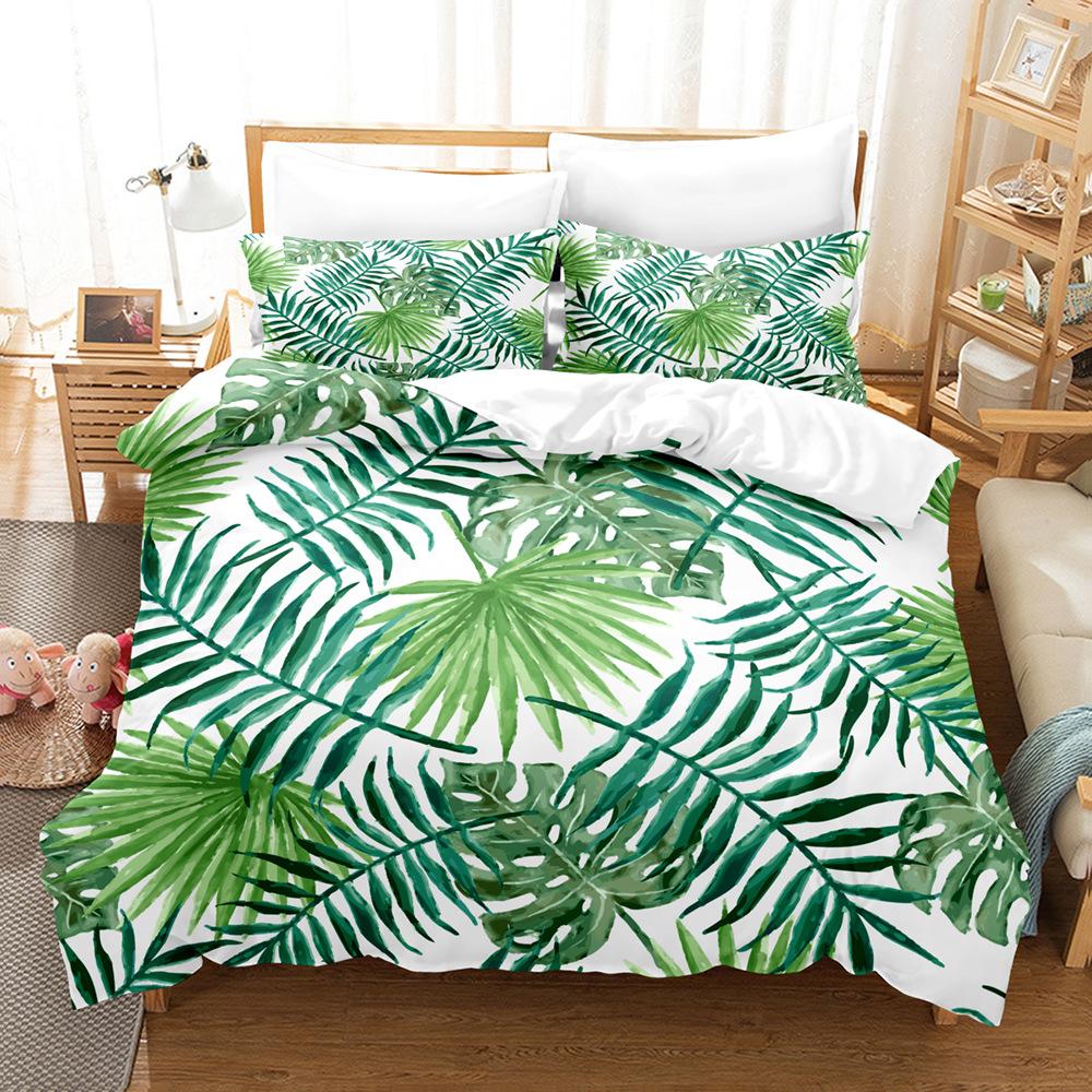 3D Digital Printing Quilt Cover Tropical Plant Green Leaf Flower Three-Piece Set Abrasive Bedding