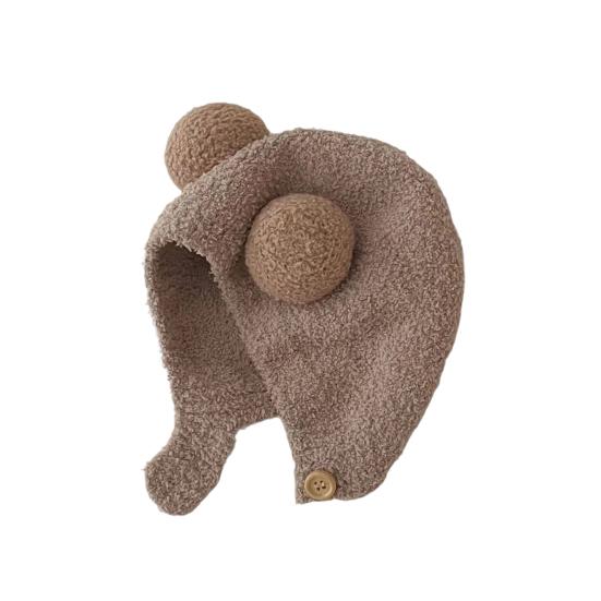 Children Hat with Bear Ear Design Solid Color Button Closure Elastic Breathable Winter Cap Cold Weather Accessory
