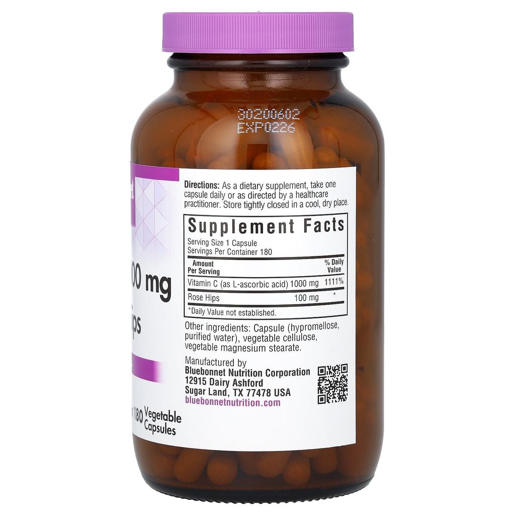 Bluebonnet Nutrition Vitamin C-1,000mg & Rosehip, 180 Veggie Capsules