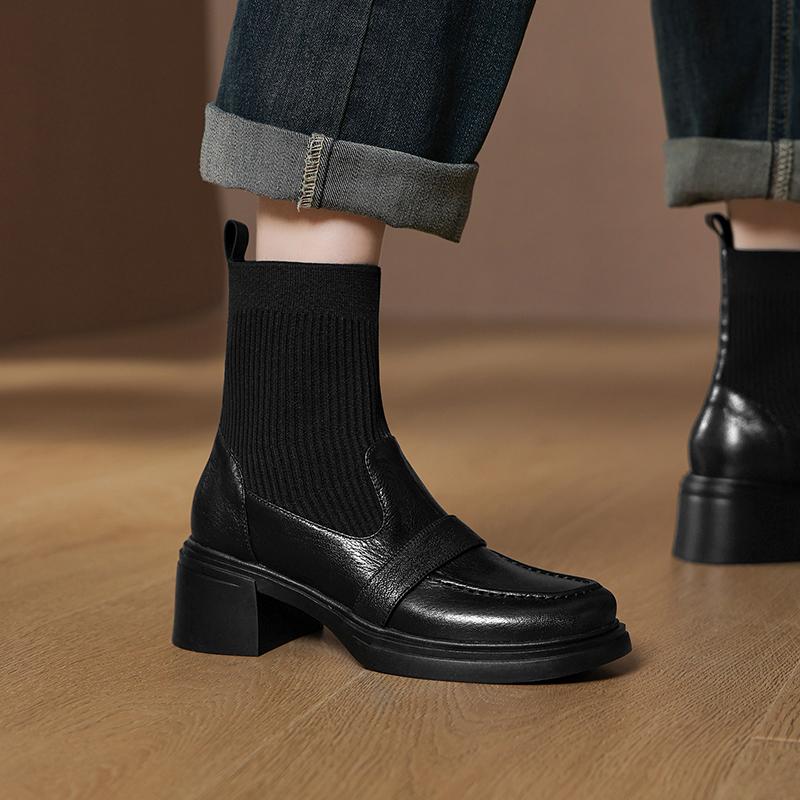 Fashion 2025 New Autumn Women Boots Sheepskin Leather Women Shoes Round Toe Chunky Heel Modern Short Boots Stretch Platform High Heels