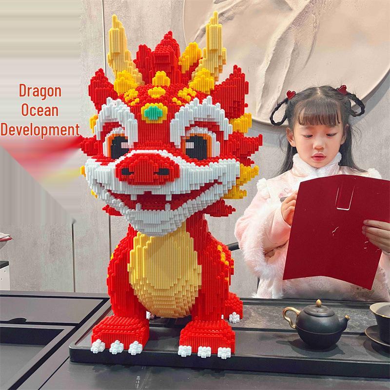 Guochao Chinese Dragon Large Educational Building Blocks - Qilin Puzzle Ornament, High-Difficulty Fortune Dragon Toy Gift