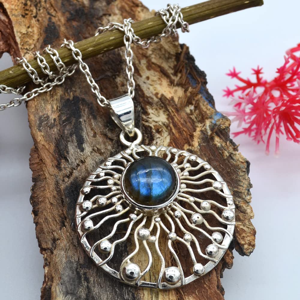 Round Cabochon Labradorite Pendant Necklace Solid 925 Sterling Silver Gemstone Pendant with Chain Jewelry For Women or Girls - 12.1 Gms