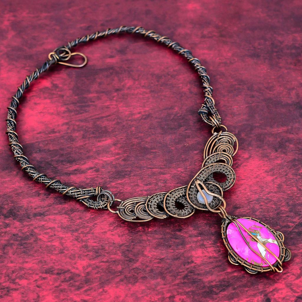 Cotton Candy Turquoise Necklace Copper Wire Wrapped Necklace Rainbow Moonstone Gemstone Jewelry Handmade Necklace Copper Jewelry for Gifts